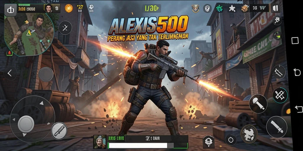 Screenshot utama ALEXIS500 menunjukkan aksi yang intens dan menegangkan.