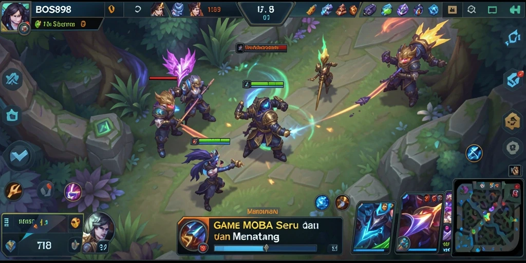 Screenshot gameplay menyerupai aksi pertarungan tim MOBA.