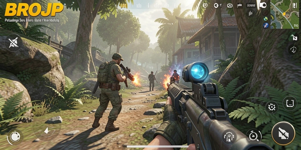 Tampilan gameplay mendebarkan dari BROJP di arena pertempuran.