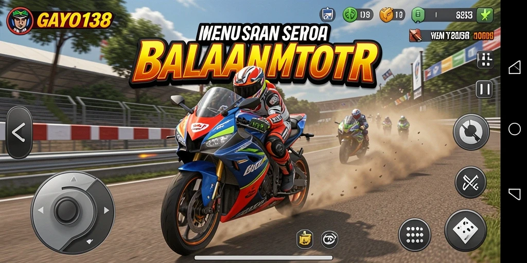 Screenshot utama GAYO138 menampilkan aksi balapan motor yang seru.