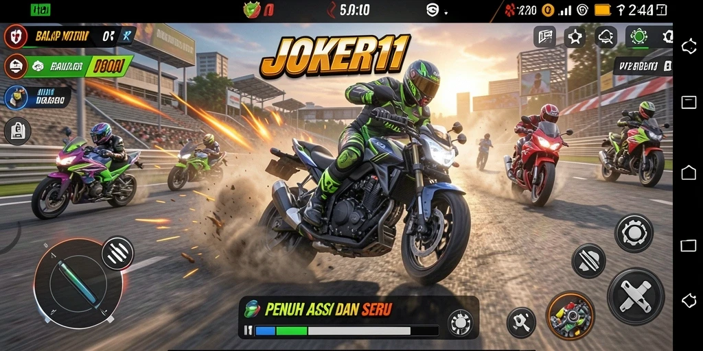 Gameplay seru JOKER11 dengan balapan motor yang mendebarkan.