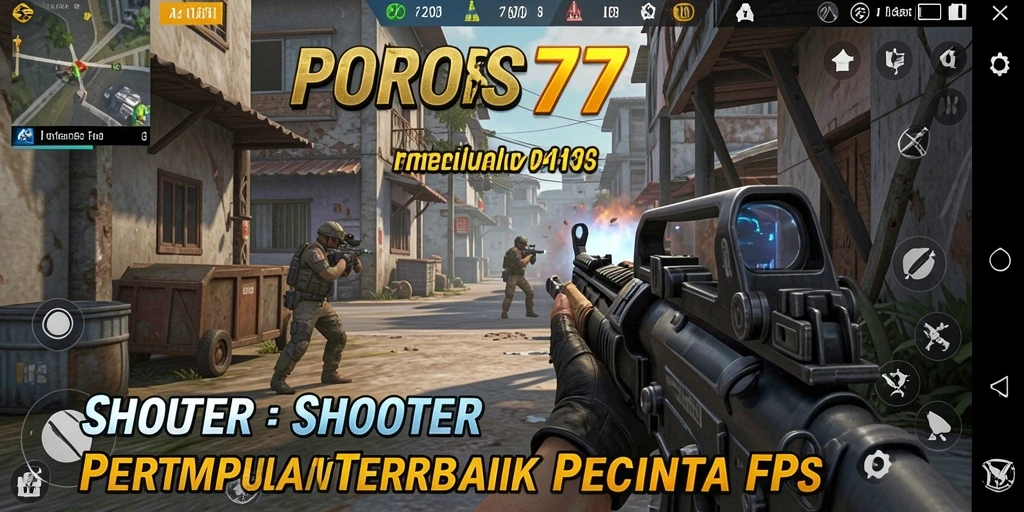 Screenshot POROS77 memperlihatkan aksi tembak-menembak intens dalam gameplay FPS.