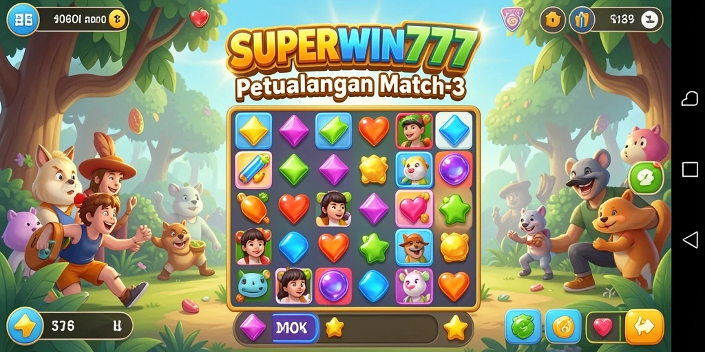 Tampilan gameplay SUPERWIN777 dengan berbagai elemen Match-3 yang ceria.