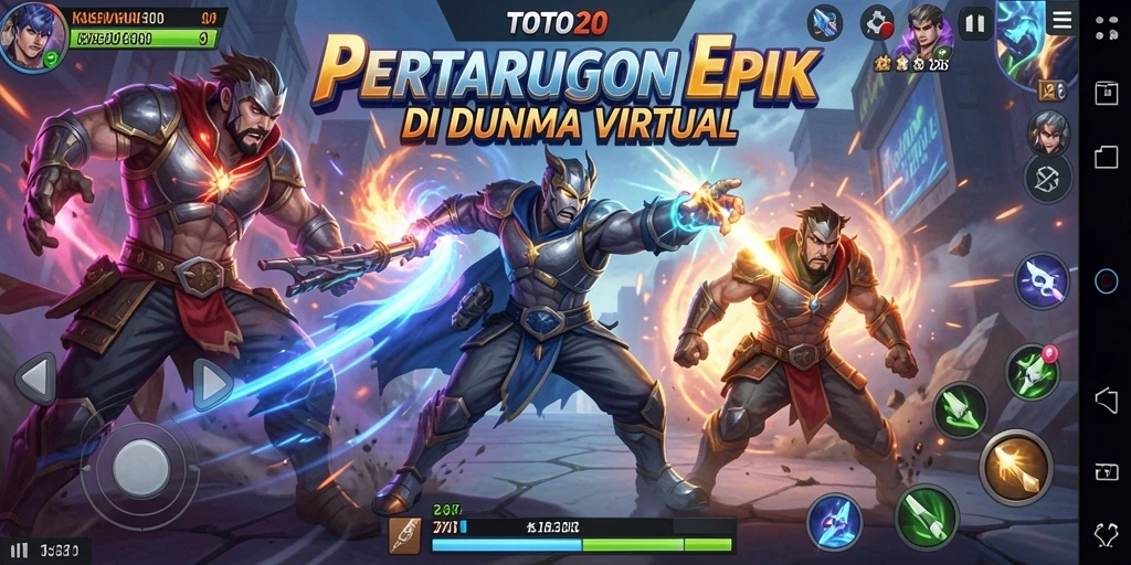 Screenshot menampilkan aksi seru karakter bertarung di arena.
